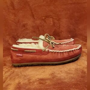 L.L. Bean Red Suede Leather Moccasin Slippers